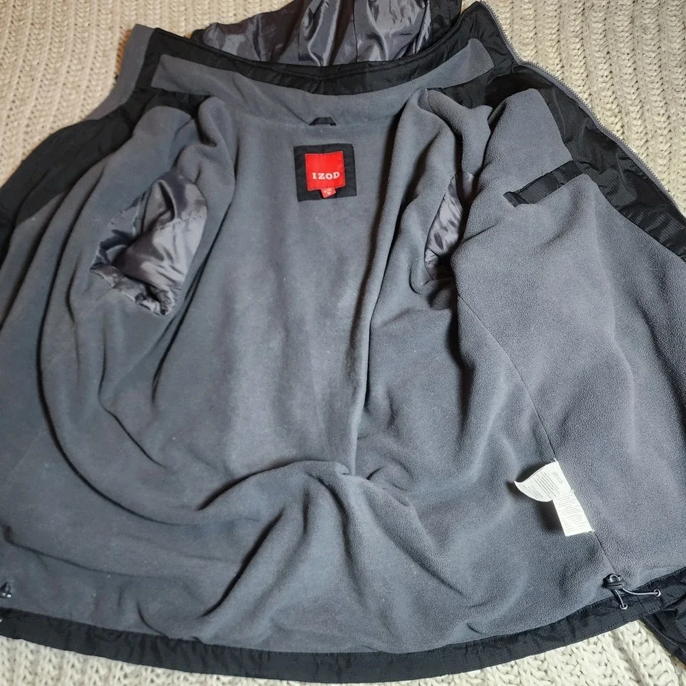 IZOD Jacket Mens XL Black Full Zip Hooded Fleece Lined Zip Pockets Outdoors